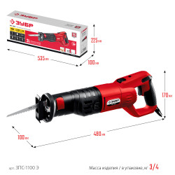 ЗПС-1100 Э Пила сабельная (электроножовка) ЗУБР, 1100 Вт, 800-2700 ход/мин, рез 230 мм (дерево), 20 мм (сталь), ход штока 29 мм
