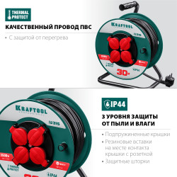 55084-30 P-315 удлинитель на катушке, 30 м, 3500 Вт, 4 гнезда, IP44, ПВС 3x1,5 кв мм, KRAFTOOL