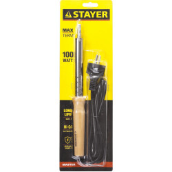 55310-100 Паяльник с деревянной рукояткой и долговечным жалом, STAYER ''MASTER'' MAXTerm, 100 Вт, клин