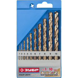29626-H10 Набор сверл по металлу 10 шт (d=1-10 мм) КОБАЛЬТ, сталь Р6М5К5, класс А, ЗУБР ''ЭКСПЕРТ'' 29626-H10