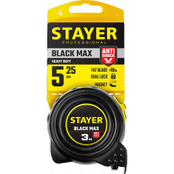 3410-05-25_z02 STAYER BlackMax 5м / 25мм рулетка в ударостойком полностью обрезиненном корпусе  и двумя фиксаторами