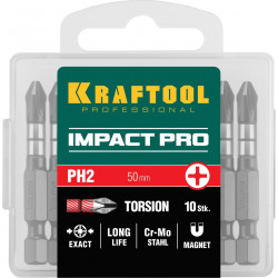 26191-2-50-S10 Биты KRAFTOOL Impact Pro, Philips, тип хвостовика E 1/4'', PH2, 50мм, 10шт, в пластиковом боксе