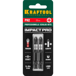 26191-2-50-S2 Биты KRAFTOOL Impact Pro, Philips, тип хвостовика E 1/4'', PH2, 50мм, 2шт, на карточке