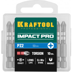 26193-2-50-S10 Биты KRAFTOOL Impact Pro, Pozidriv, тип хвостовика E 1/4'', PZ2, 50мм, 10шт, в пластиковом боксе