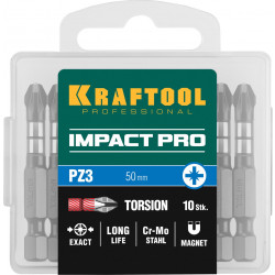 26193-3-50-S10 Биты KRAFTOOL Impact Pro, Pozidriv, тип хвостовика E 1/4'', PZ3, 50мм, 10шт, в пластиковом боксе
