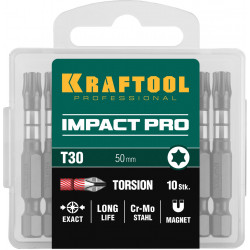 26195-30-50-S10 Биты KRAFTOOL Impact Pro, TORX, тип хвостовика E 1/4'', TX30, 50мм, 10шт, в пластиковом боксе