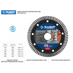 36661-115 Диск отрезной алмазный: ЖЕЛЕЗОБЕТОН, d=115 мм, ЗУБР Профессионал