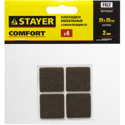 40912-25 Накладки STAYER ''COMFORT'' на мебельные ножки, самоклеящиеся, фетровые, коричневые, квадратные - 25*25 мм, 4 шт
