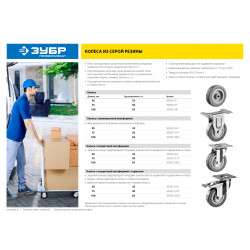 30956-100-S Колесо поворотное d=100 мм, г/п 65 кг, резина/полипропилен, ЗУБР