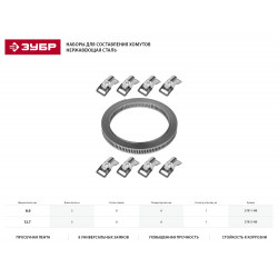 37815-H8 Набор: Хомут универсальный, нержавеющий, 3мх12,7мм, 8 замков, ЗУБР Профессионал 37815-H8