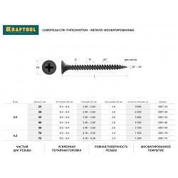 3001-30 Саморезы СГМ гипсокартон-металл, 30 х 3.5 мм, 6 500 шт, фосфатированные, KRAFTOOL