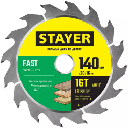 3680-140-20-16_z01 STAYER FAST 140 x 20/16мм 16Т, диск пильный по дереву, быстрый рез