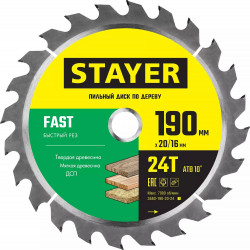 3680-190-20-24_z01 STAYER FAST 190 x 20/16мм 24Т, диск пильный по дереву, быстрый рез