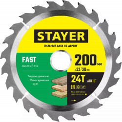 3680-200-32-24_z01 STAYER FAST 200 x 32/30мм 24Т, диск пильный по дереву, быстрый рез