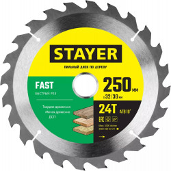 3680-250-32-24_z01 STAYER FAST 250 x 32/30мм 24Т, диск пильный по дереву, быстрый рез