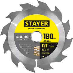 3683-190-30-12_z01 STAYER CONSTRUCT 190 x 30/20мм 12Т, диск пильный по дереву, технический рез