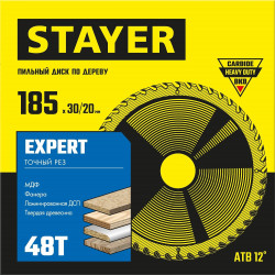 3682-185-30-48_z01 STAYER EXPERT 185 x 30/20мм 48Т, диск пильный по дереву, точный рез