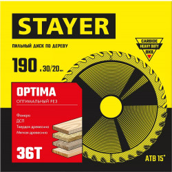 3681-190-30-36_z01 STAYER OPTIMA 190 x 30/20мм 36Т, диск пильный по дереву, оптимальный рез