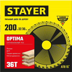 3681-200-32-36_z01 STAYER OPTIMA 200 x 32/30мм 36Т, диск пильный по дереву, оптимальный рез