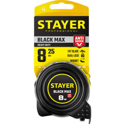 3410-08_z02 STAYER BlackMax 8м / 25мм рулетка в ударостойком полностью обрезиненном корпусе  и двумя фиксаторами