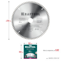 36953-250-32 KRAFTOOL Multi Material 250х32мм 80Т, диск пильный по алюминию