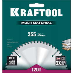 36953-355-25.4 KRAFTOOL Multi Material 355х25.4мм 120Т, диск пильный по алюминию