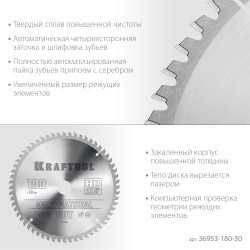 36953-180-30 KRAFTOOL Multi Material 180х30мм 60Т, диск пильный по алюминию