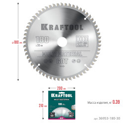 36953-180-30 KRAFTOOL Multi Material 180х30мм 60Т, диск пильный по алюминию