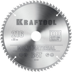 36953-216-30 KRAFTOOL Multi Material 216х30мм 64Т, диск пильный по алюминию