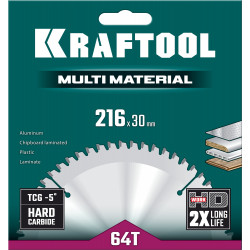 36953-216-30 KRAFTOOL Multi Material 216х30мм 64Т, диск пильный по алюминию