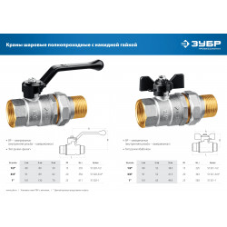 51320-1/2 Кран шаровой ЗУБР полнопроходной с накидной гайкой ''мама-папа'', ручка, никелированная латунь, 1/2''