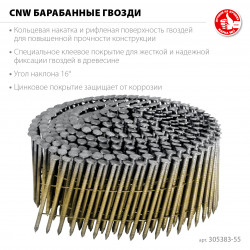 305383-55 ЗУБР CNW 55 х 2.3 мм, барабанные гвозди рифленые оцинкованные, 7200 шт