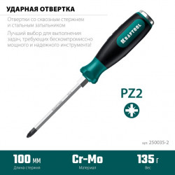 250035-2 Ударная отвертка KRAFTOOL IMPACT PZ 2, сквозной стержень Cr-Mo