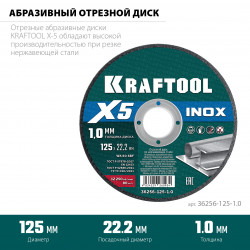 36256-125-1.0 KRAFTOOL X5 INOX 125x1.0 мм по нерж. стали отрезной диск для УШМ