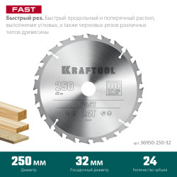 36950-250-32 KRAFTOOL Fast 250х32мм 24Т, диск пильный по дереву