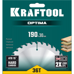 36951-190-30 KRAFTOOL Optima 190х30мм 36Т, диск пильный по дереву