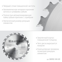 36950-165-20 KRAFTOOL Fast 165х20мм 20Т, диск пильный по дереву