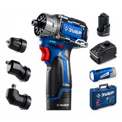 ЗУБР КОМБИ #4, набор: модульная дрель-шуруповерт + LED фонарь, BRUSHLESS, 12 В, 45 Н·м, 2 АКБ тип Т7 (2 А·ч), кейс, Профессионал (DB-125-22F) DB-125-22F