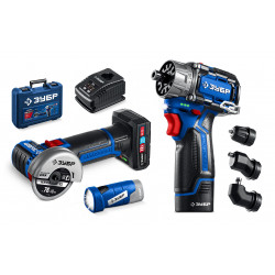 ЗУБР КОМБИ #5 набор: дрель-шуруповерт + мини УШМ + LED фонарь, BRUSHLESS, 12 В, 45 Н·м, 2 АКБ тип Т7 (4 и 2 А·ч), кейс, Профессионал (DB-125-42ABF) DB-125-42ABF