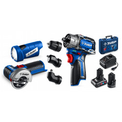 Набор ЗУБР КОМБИ #5: дрель-шуруповерт + мини УШМ + LED фонарь, BRUSHLESS, 12 В, 45 Н·м, 2 АКБ тип Т7 (4 и 2 А·ч), кейс, Профессионал DB-125-42ABF