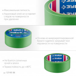 Малярная лента ЗУБР №300 36 мм х 25 м, для грубых и шероховатых поверхностей, Профессионал 12143-36