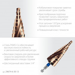 29674-6-30-13 ЗУБР КОБАЛЬТ 6-30мм, 13 ступеней, винтовая проточка, сверло ступенчатое, ПРОФЕССИОНАЛ (29674-6-30-13)