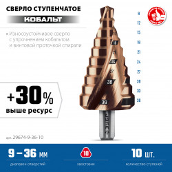 29674-9-36-10 ЗУБР КОБАЛЬТ 9-36мм, 10 ступеней, винтовая проточка, сверло ступенчатое, ПРОФЕССИОНАЛ (29674-9-36-10)