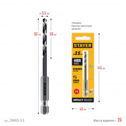 29603-3.5 STAYER НЕХ-1/4″, d 3.5 х 93 мм, сверло по металлу для винтовёртов и шуруповертов IMPACT READY (29603-3.5)