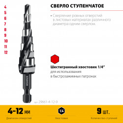 29661-4-12-9 STAYER Pro-Max 4-12мм, 9 ступеней, винтовая спираль, сверло ступенчатое (29661-4-12-9)