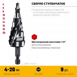 29661-4-20-9 STAYER Pro-Max 4-20мм, 9 ступеней, винтовая спираль, сверло ступенчатое (29661-4-20-9)