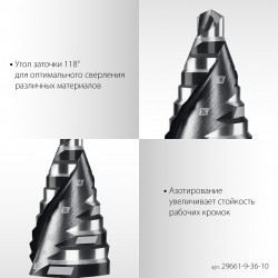 29661-9-36-10 STAYER Pro-Max 9-36мм, 10 ступеней, винтовая спираль, сверло ступенчатое (29661-9-36-10)