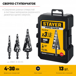 29661-4-30-H3 STAYER Pro-Max 3 шт, 4-30мм, винтовая спираль, набор сверл ступенчатых (29661-4-30-H3)