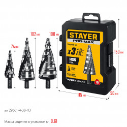 29661-4-38-H3 STAYER Pro-Max 3 шт, 4-38мм, винтовая спираль, набор сверл ступенчатых (29661-4-38-H3)