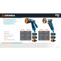 429167 GRINDA Х-834, пистолет поливочный X-8, коннектор 3/4, конектор 3/4 с автостопом, адаптер с внутр. резьбой 1/2 х 3/4,набор поливочный PROLine